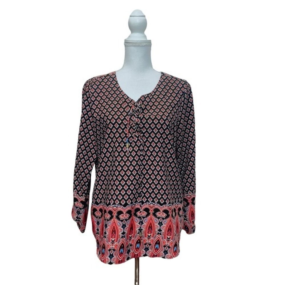 Time to Bloom Tunic Lace Up Top Blouse Medium Long Sleeve Fun Print Boho Chic